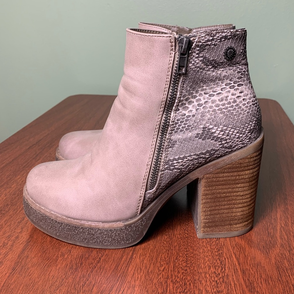 Chalada | Taupe Snakeskin Vegan Leather Block High Heel “Ella”Booties - 38